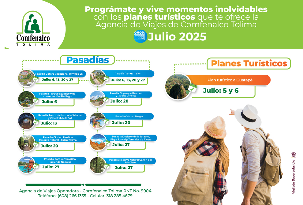 Descubre los planes y pasadías turísticos de julio que Comfenalco Tolima tiene para ti