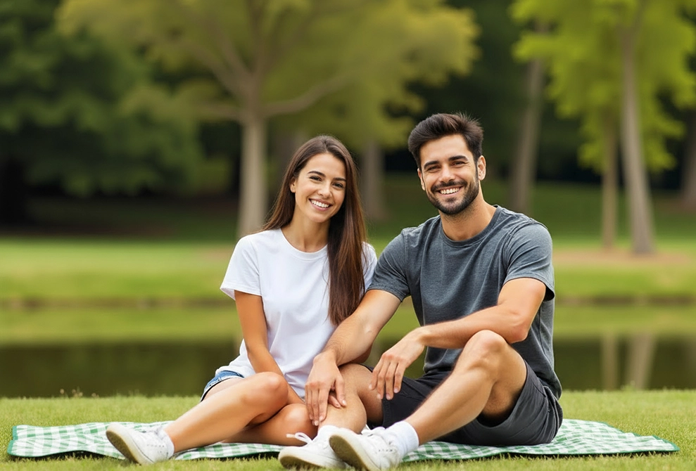 Pareja sentada en picnic
